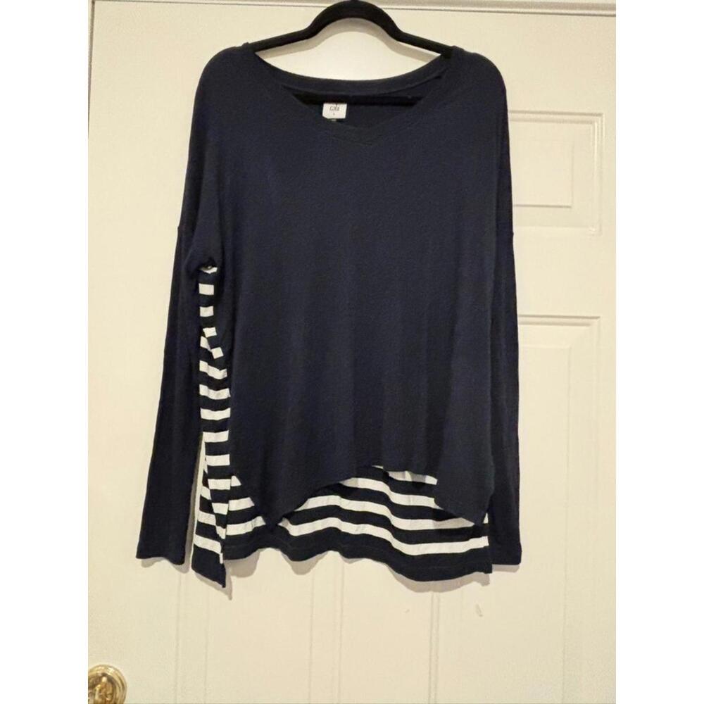Womens sz S Cabi blue and white striped‎ nautical coastal beachy shirt #1191
